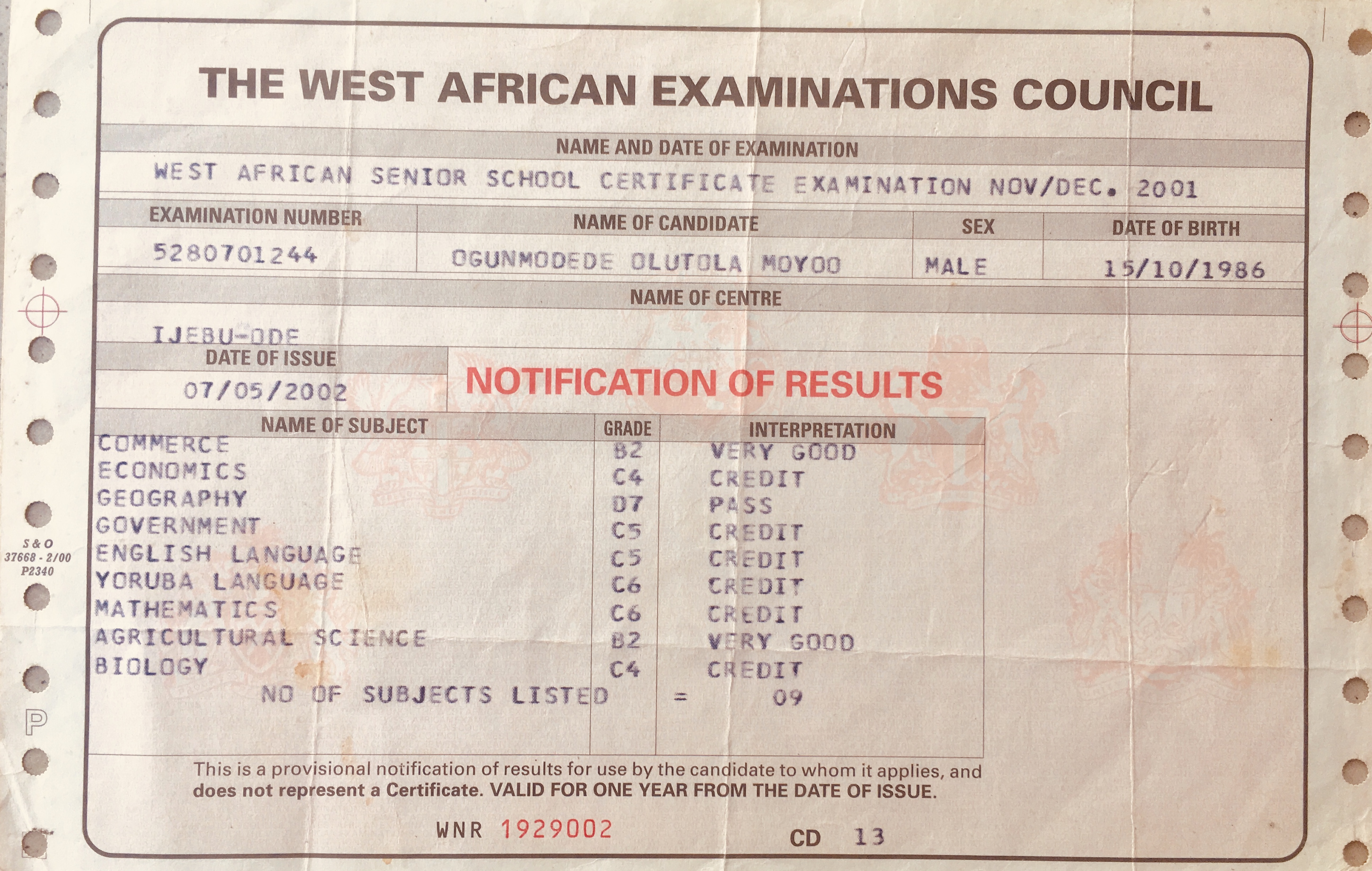 WAEC (Commercial) certificate badge